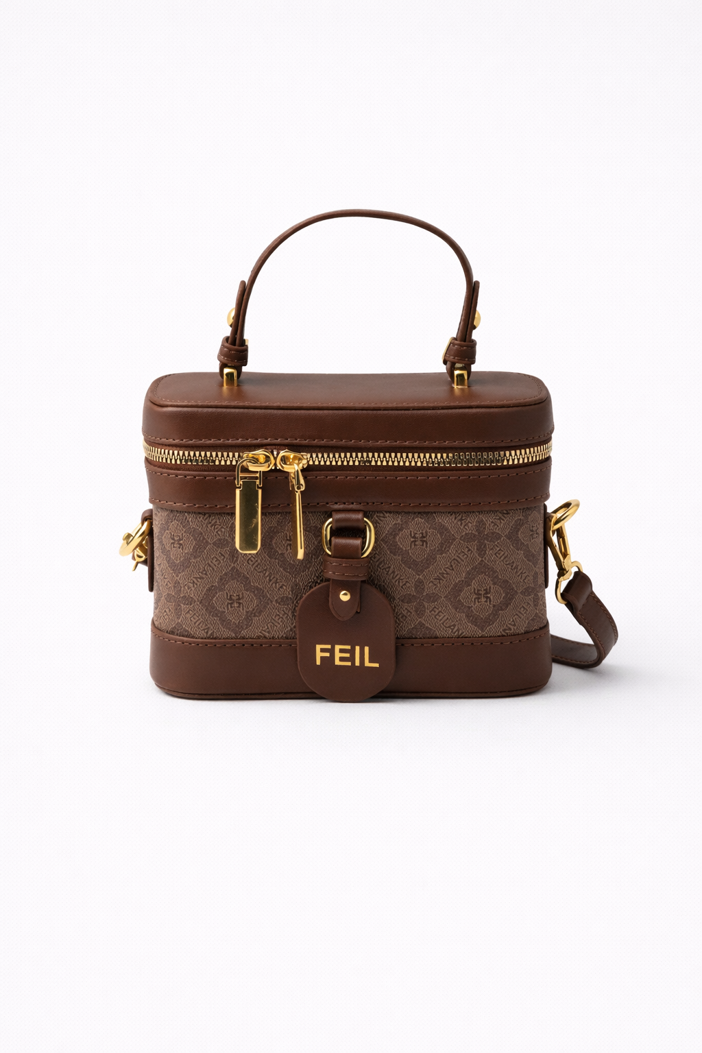 Brown and beige handbag with gold accents on a white background