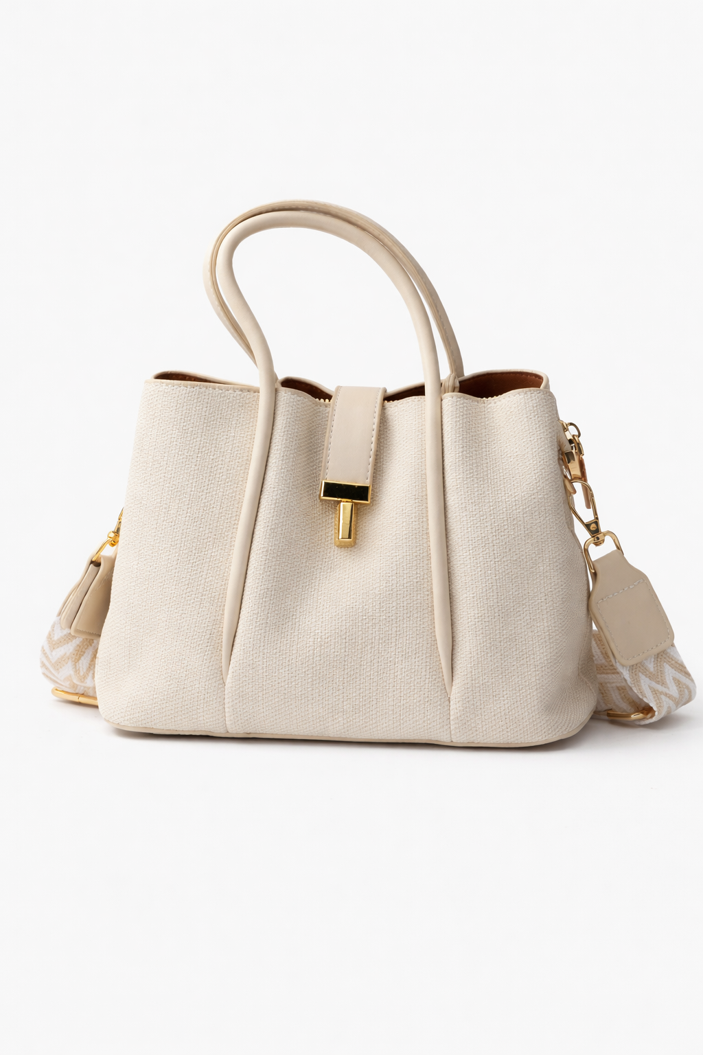 BEIGE CANVAS HANDBAG WITH A LEATHER HANDLE