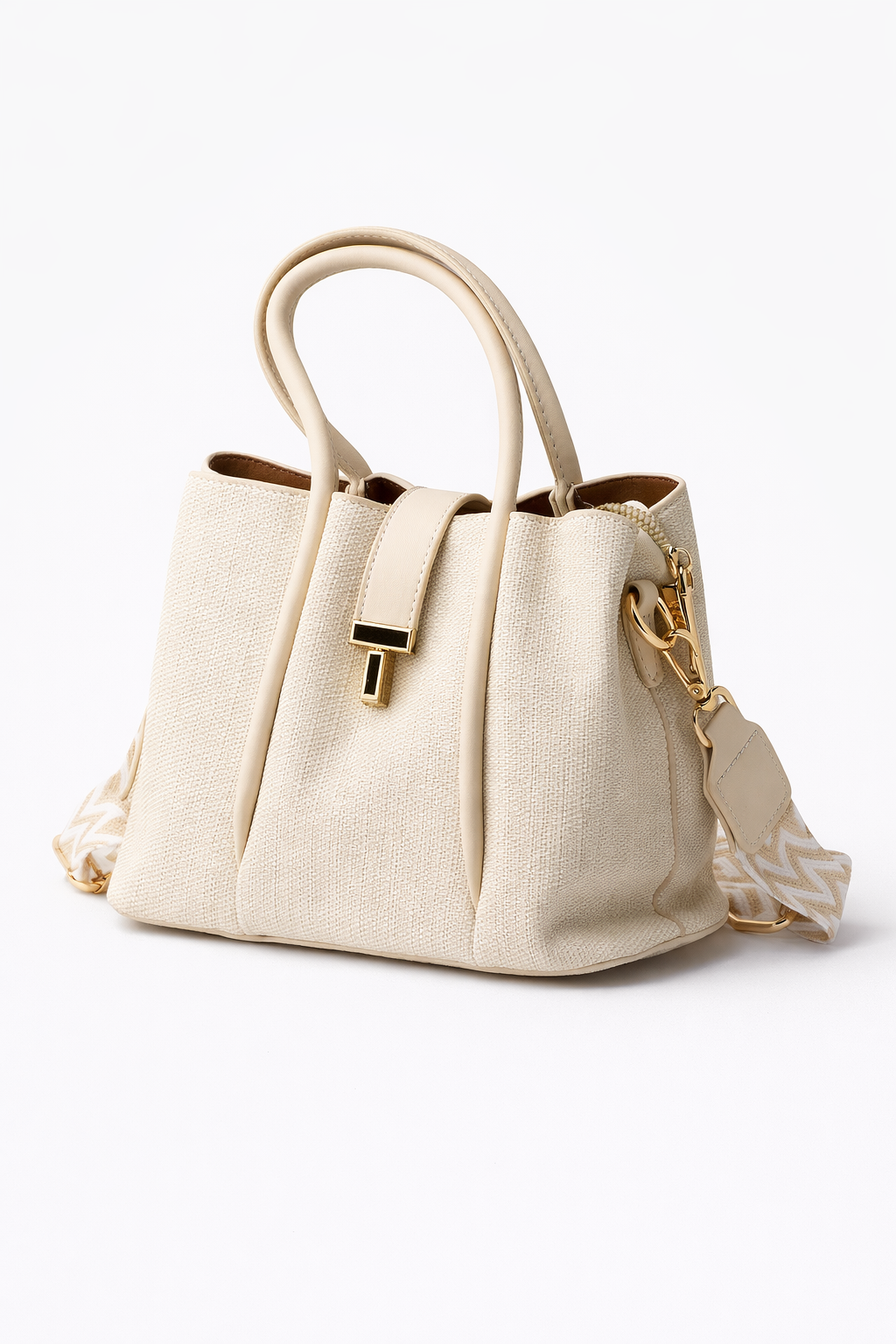 BEIGE CANVAS HANDBAG WITH A LEATHER HANDLE