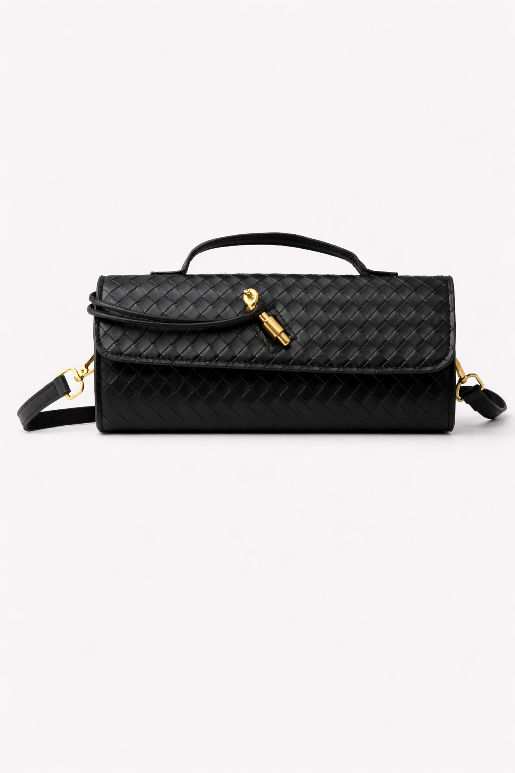 BLACK WOVEN-LEATHER CLUTCH WITH A GOLD CLASPs