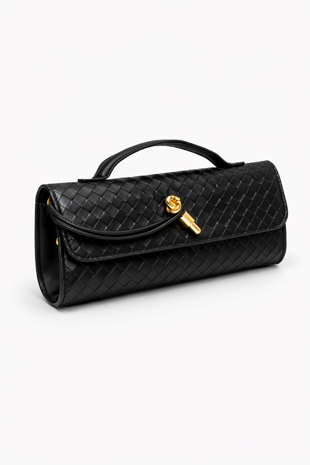 BLACK WOVEN-LEATHER CLUTCH WITH A GOLD CLASPs