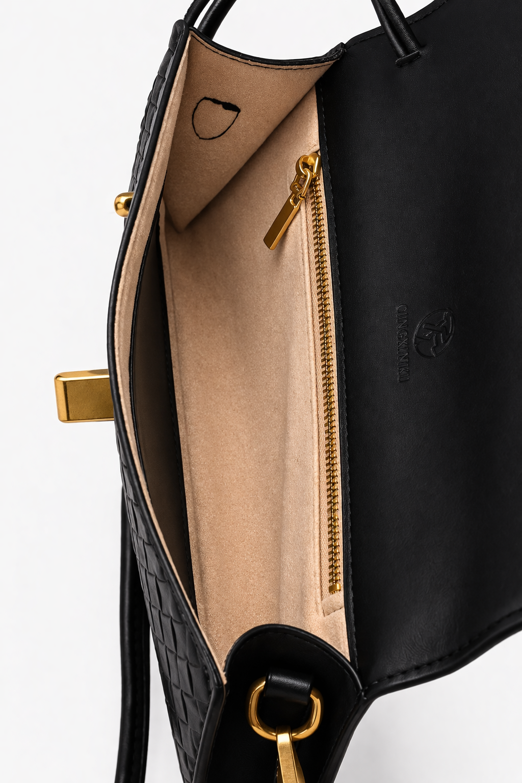 BLACK WOVEN-LEATHER CLUTCH WITH A GOLD CLASPs