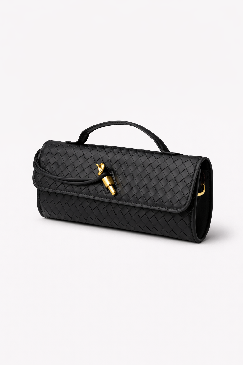 BLACK WOVEN-LEATHER CLUTCH WITH A GOLD CLASPs