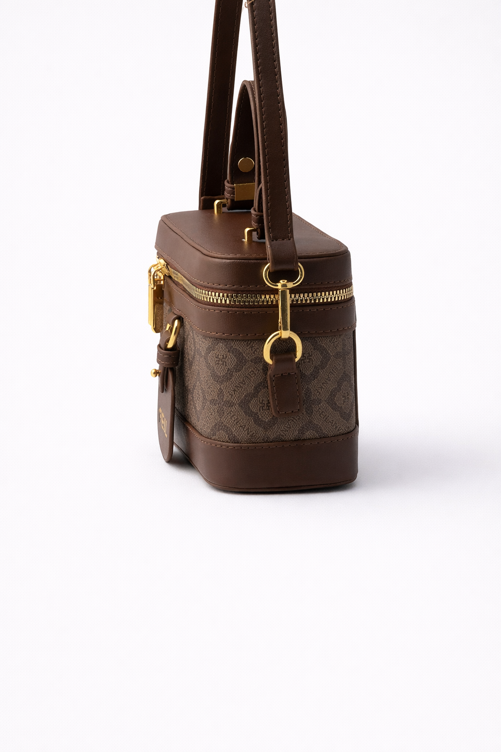 Brown handbag with gold accents on a white background