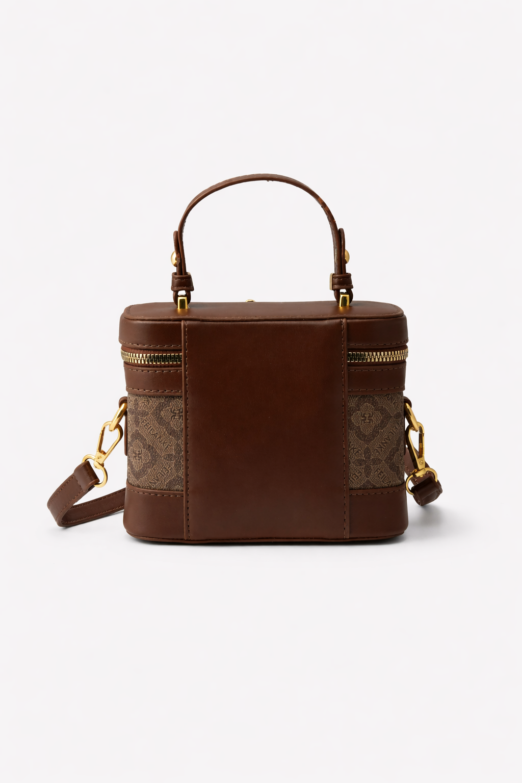 Brown leather handbag with gold accents on a white background