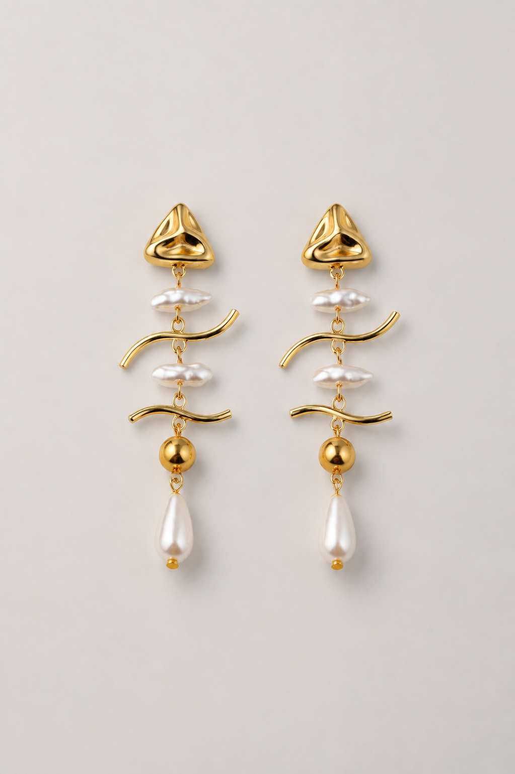 Symmetrical Gold and Pearl Drop Earrings