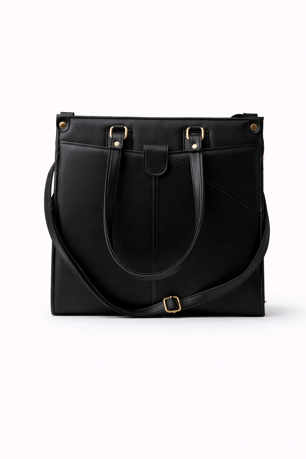 Black leather tote bag with gold hardware on a white background
