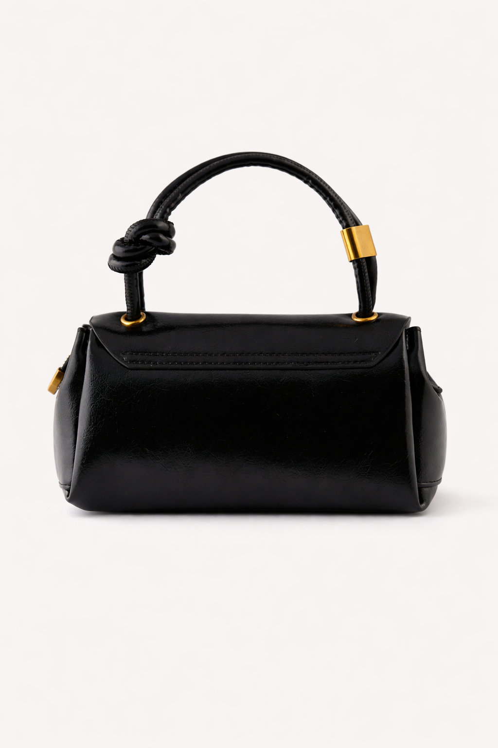 New Arrivals Black handbag with a knotted handle on a white background